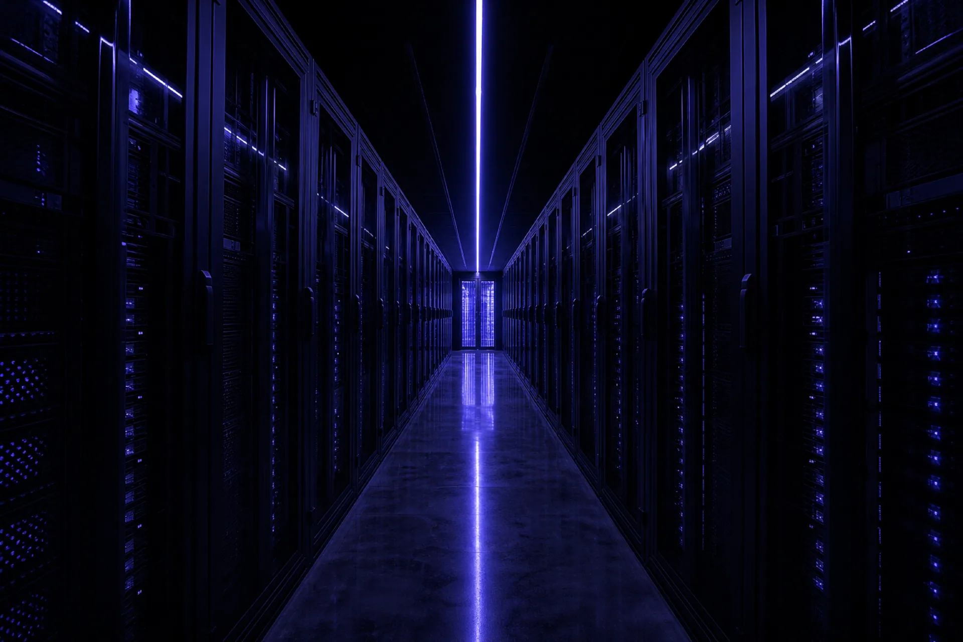 Pasillo de racks con puertas de vidrio, iluminado por una única línea de luz violeta que se refleja en el piso.