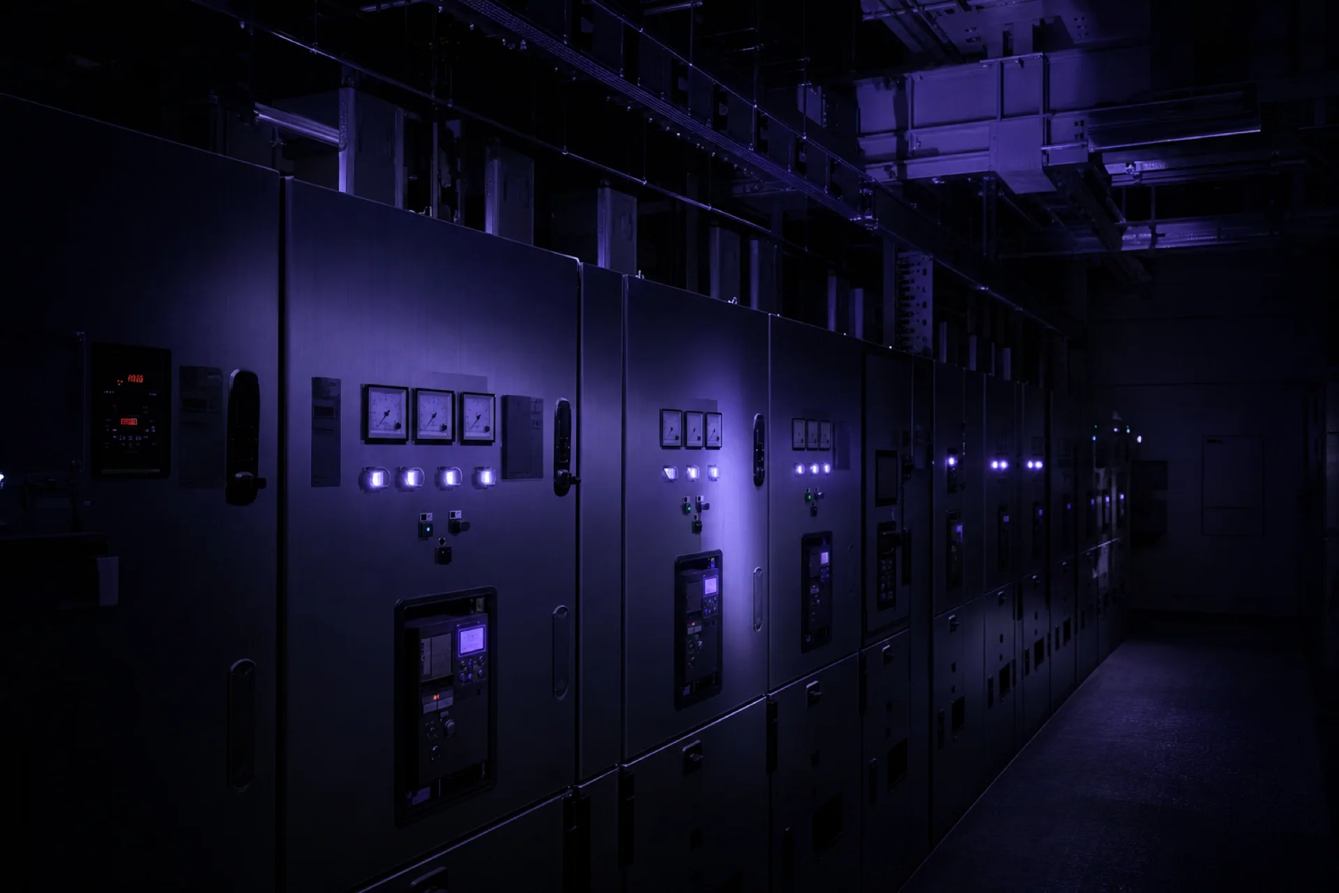 Sala eléctrica en penumbra: una fila de tableros de media tensión con instrumentos y luces piloto encendidos.