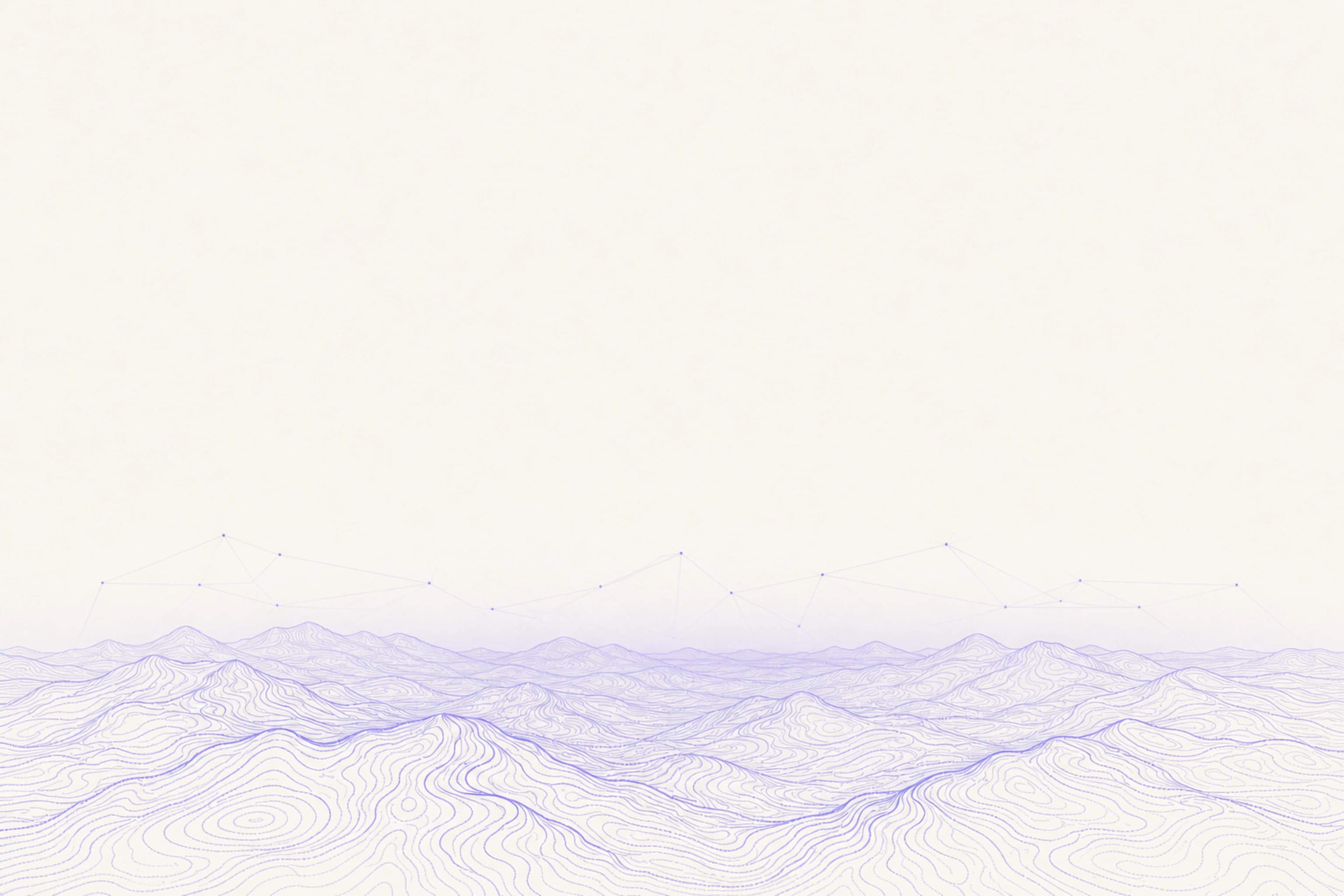 Ilustración sobre papel claro: lomas dibujadas con curvas de nivel en violeta y una constelación de nodos unidos por líneas en el horizonte.