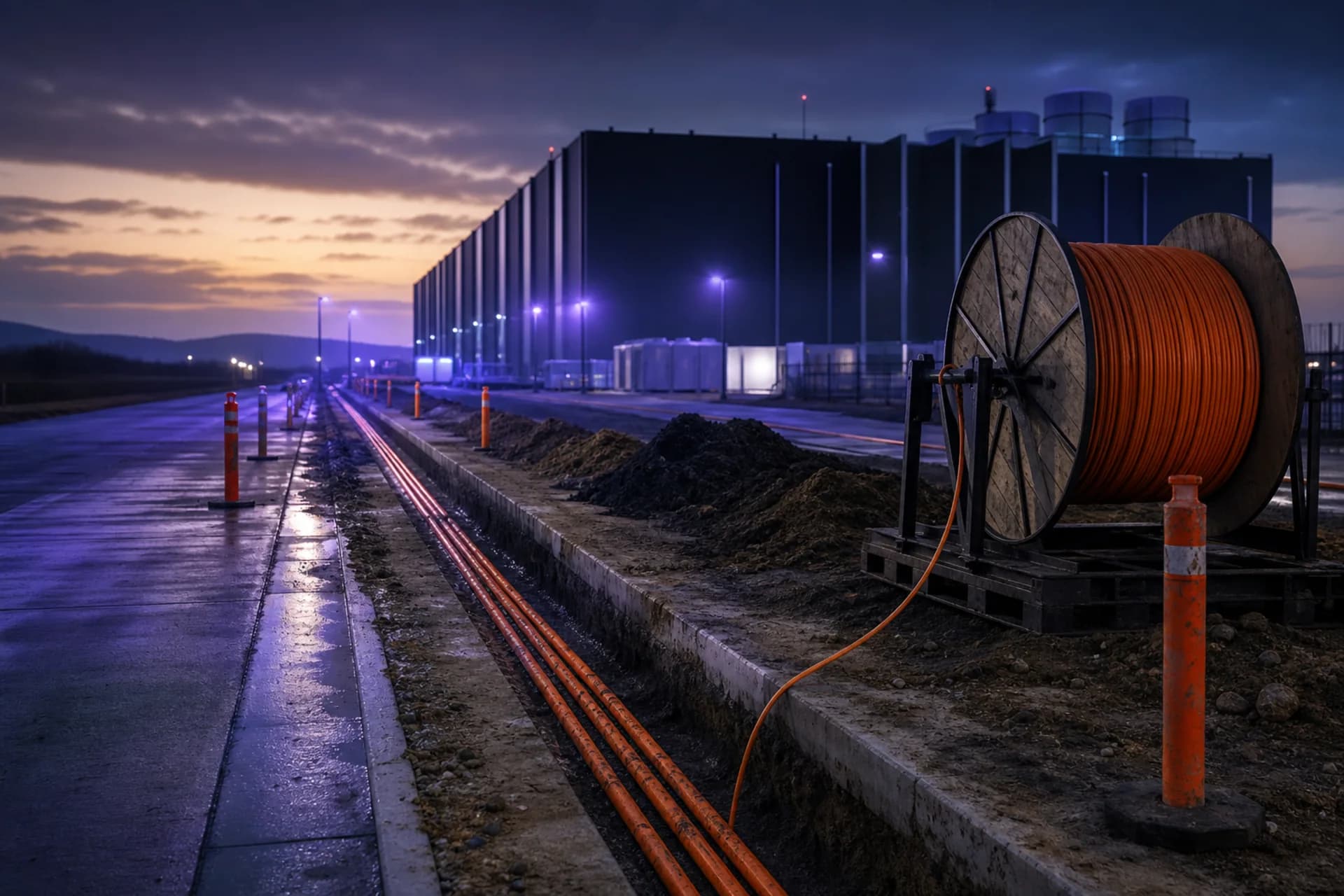 Obra de tendido de fibra al anochecer: una bobina de cable naranja junto a la zanja, ductos a la vista y una nave industrial detrás.